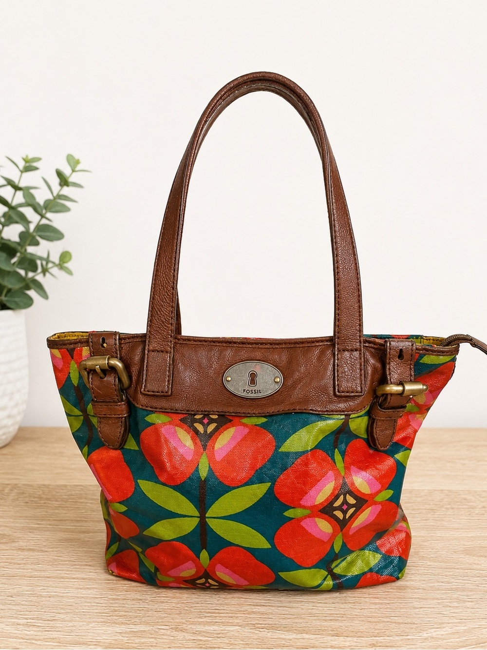 Fossil Key-Per tote bag featuring a vibrant, colorful floral pattern, guc - Picture 2 of 14